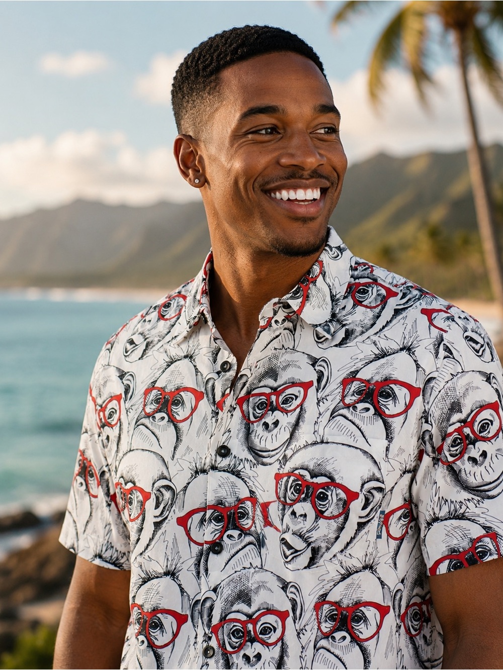Baja Llama Men's White Casual Button-Down Shirt with Red Glasses Print